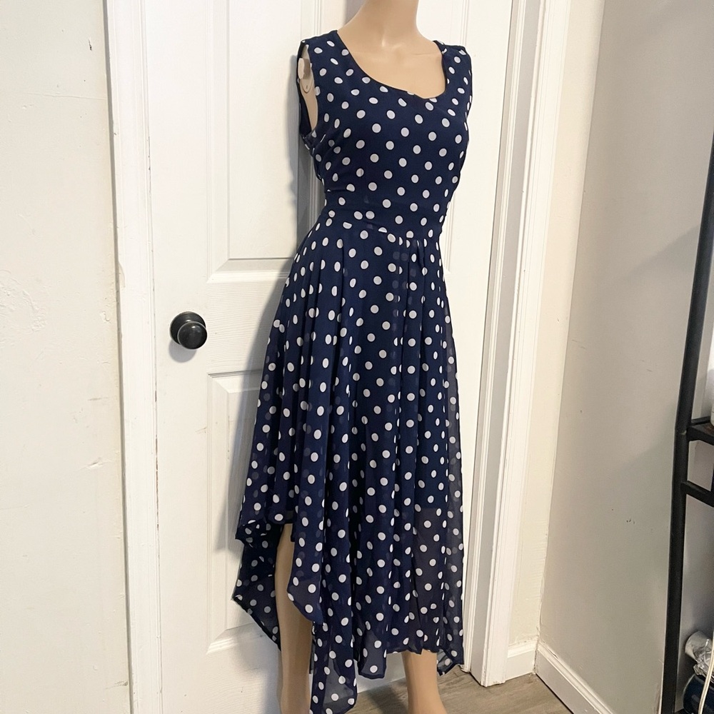 Jennifer Lauren navy blue polka dot handkerchief hem dress size L tie at waist - Picture 2 of 11